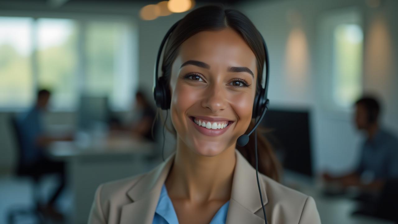 Representación visual de una persona de atención al cliente de Especias Cenzontle sonriendo con auriculares, trabajanda en un entorno de oficina moderno.