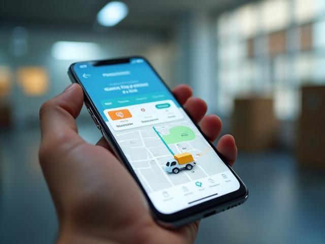 Smartphone mostrando una aplicación de seguimiento de paquetes en tiempo real con un mapa y actualizaciones de estado.